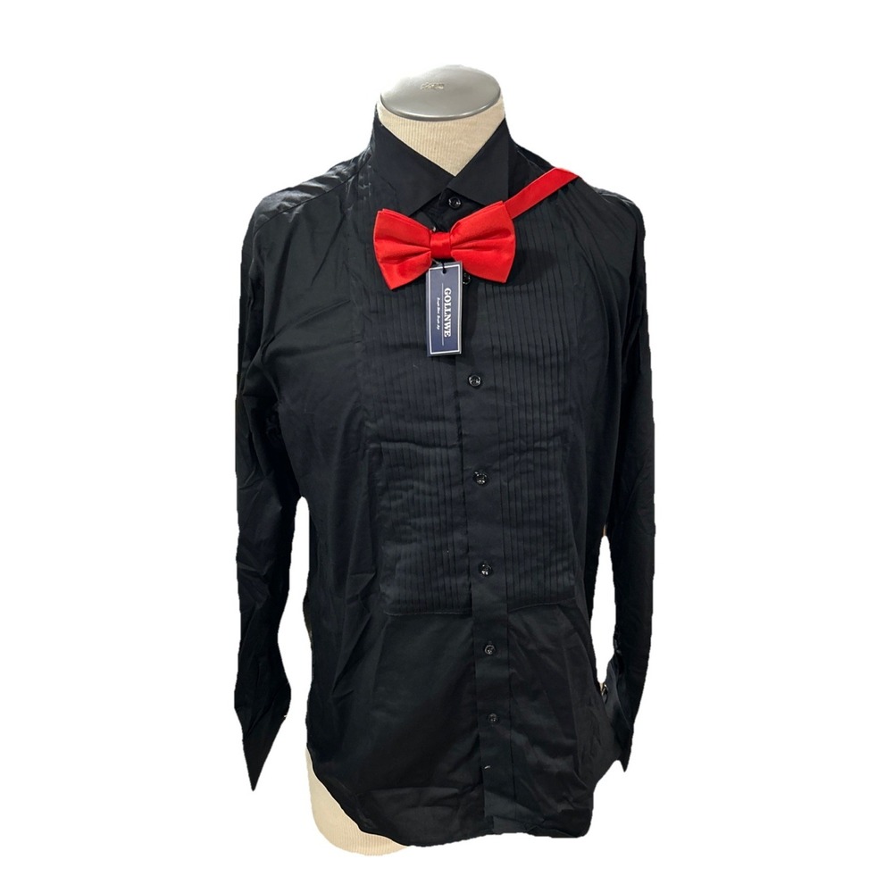 Gollnwe Mens Black Tuxedo Shirt Wing Collar M Bowtie French Cuffs